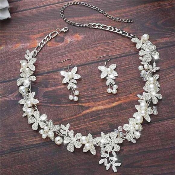 Crystal Flower Bridal Jewelry Set Rhinestone Necklace Earrings Sets Pearls - Picture 2 of 8